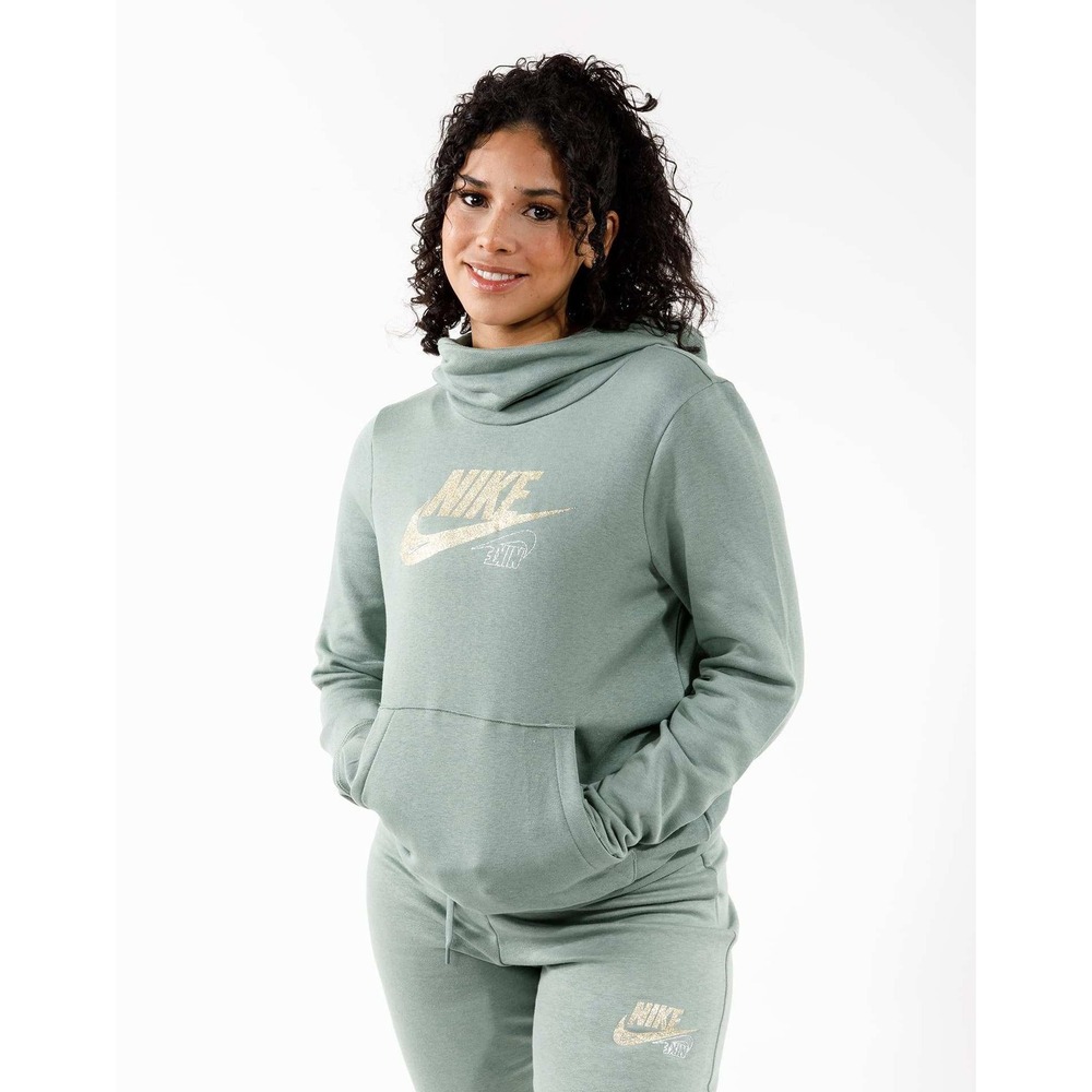 Nike Hoodie Womens S Green Cotton Blend Funnel Neck Gold Glitter Logo DO6195-357